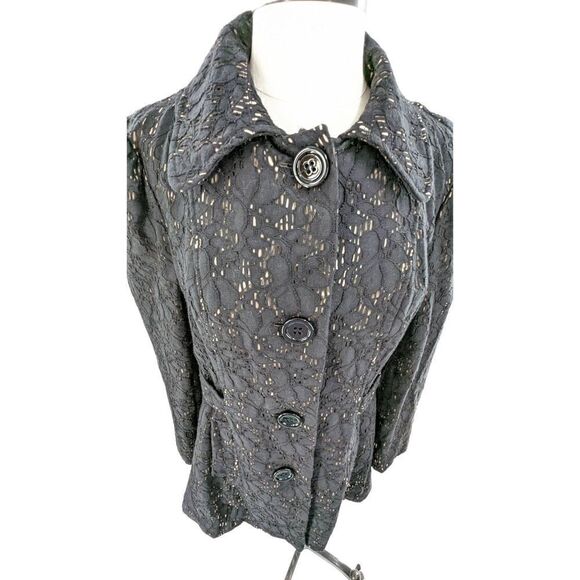 Marisa Christina Womens Coat Single Breasted Open Knit Black Lace Beige Lining M - Picture 2 of 16